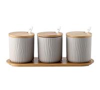 OnePine Juego de 3 Azucarero, azucarero de cerámica azúcar Pot con Tapa de bambú y Cuchara, Cocina