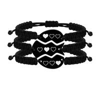 Oneress Personalize - Juego de 3 pulseras de la amistad con diseño de corazón a juego, hechas a mano, trenzadas, de cuerda negra, para mejores amigas, hermanas, mejores amigas, Adjustable, Acero