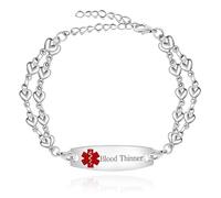 Oneress Pulsera médica de acero inoxidable ajustable de doble capa con diseño de cadena en forma de corazón con pulsera de alerta roja, grabado personalizado, identificación médica para mujer,