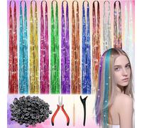 Oneroomone 12 Colores 37 Pulgadas 1440 Tinsel Hair, Hilos de Oropel de Pelo Extensiones Set con Herramienta, Tiras Brillantes para el Pelo Extensiones de Pelo Sintético para Niñas/Mujer/Cosplay/Party