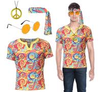 Oneshlee 70s Disfraz Hippie Hombre, Disfraz Carnaval Hombre, Disfraces Halloween Hombre, 60s Disco Costumes Adulto Fiesta Accesorios Set Camiseta Venda Colgante (XXL)