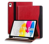 ONETHEFUL Funda para iPad A16 11" 2025 / iPad 10ª Gen 10.9" 2022 (A2757/A2777), Funda de Cuero PU, Soporte empresarial Folio Inteligente, Bolsillo Frontal y Soporte para lápiz Rojo
