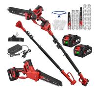 ONEVAN Motosierra Telescópica a Batería 4 en 1, Motor Brushless 700W, Podadora de Altura con Espada de 8" y 6", Pértiga Extensible 2,5m, Cabezal Giratorio 180°, 2 Baterías 3,0Ah, para Jardín y Poda