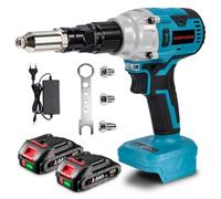 ONEVAN Remachadora a batería, carrera 16 mm, 20.000 N, remachadora eléctrica automática sin escobillas con 2 baterías de 2000 mAh, para remaches ciegos de Ø2,4-5,0 mm