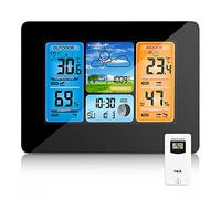 ONEVER Estación meteorológica inalámbrica con predicción digital de colores con alerta y temperatura/humedad/barómetro/alarma/reloj lunar/tiempo con sensor exterior(Negro)