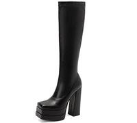 Onewus Botas altas con plataforma para mujer con tacón alto y puntera cuadrada, Negro , 39 EU