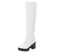 Onewus Botas altas de tacón bloque de rodilla de mujer Punta redonda Plataforma Botas de caña larga, Blanco, 39 EU