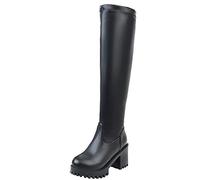 Onewus Botas altas de tacón bloque de rodilla de mujer Punta redonda Plataforma Botas de caña larga, Negro , 43 EU