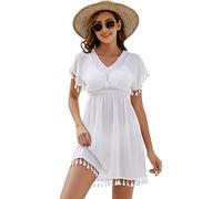 Onfettic Vestido de playa para mujer, traje de baño, túnica de playa, de gasa, poncho de playa, vestido de verano, bikini con cuello en V, Blanco, L