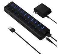 ONFINIO Hub USB 3.0 alimentado con 10 puertos USB con interruptores individuales de encendido/apagado y adaptador de corriente de 12 V/2 A, extensión USB
