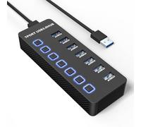 ONFINIO Hub USB 3.0 de 7 puertos, divisor de concentrador de datos USB con interruptores de encendido/apagado individuales LED y luces, expansor de puerto USB de alta velocidad de 5 Gbps para MacBook,