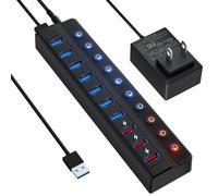 ONFINIO Hub USB alimentado con alimentación, concentrador divisor USB de 10 puertos (7 puertos de transferencia de datos más rápidos + 3 puertos de carga inteligente) con interruptores LED