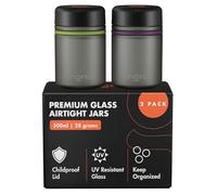 ONGROK Tarro de almacenamiento de vidrio, 500 ml, paquete de 2, recipientes de vidrio herméticos codificados por colores, tarro de hierbas UV con tapa resistente a los niños, tarro de tamaño perfecto