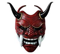 Oni máscara, máscara de Hannya japonesa de látex, máscara de samurai de cara llena de miedo con colmillos y buey bocina, 11x9.5 Horror Devil Mask con banda elástica para Halloween, mascarada, accesor