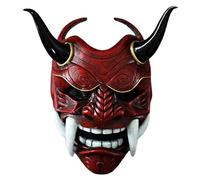 Oni máscara, máscara Hannya Hannya de látex, máscara de samurai de la cara completa de miedo con colmillos y buey de buey, 11x9.5 Horror Devil Mask con banda elástica para Halloween, mascarada, acces