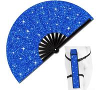Oniissy Ventilador de mano plegable grande con purpurina con funda para hombres/mujeres, ventilador de mano para EDM, festival, club, fiesta, baile, opciones de varios colores (ventilador azul real)