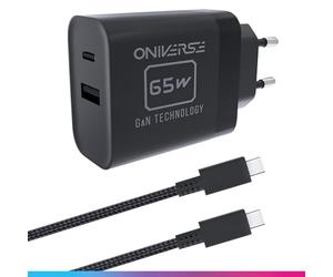 Oniverse Adaptador de Corriente 65W, doble puerto USB-C y USB-A - Cargador para Switch 2, Switch, OLED, Lite, PC, Steam Deck, Android, 1.5 m, 240V, carga inteligente, cable USB-C trenzado incluido