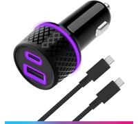 Oniverse Adaptador para Coche 60W, doble puerto USB-C y USB-A - Cargador para coche Switch 2, Switch, OLED, Lite, PC, Android, 1.5 metros, carga inteligente GaN, cable USB-C trenzado incluido
