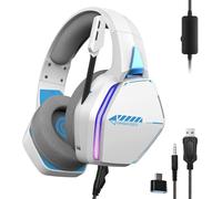 Oniverse - Cascos gaming PS5 PS4 Xbox Switch PC Mac con micrófono ajustable, LED, altavoces de 50 mm, almohadillas de tela transpirable, auriculares estéreo con cable Nebula (Arctic White/Blanco)