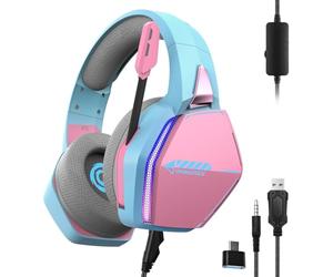 Oniverse - Cascos Gaming PS5 PS4 Xbox Switch PC Mac con micrófono Ajustable, LED, Altavoces de 50 mm, Almohadillas de Tela Transpirable, Auriculares estéreo con Cable Nebula (Diva Pink/Rosa)
