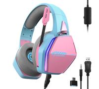 Oniverse - Cascos Gaming PS5 PS4 Xbox Switch PC Mac con micrófono Ajustable, LED, Altavoces de 50 mm, Almohadillas de Tela Transpirable, Auriculares estéreo con Cable Nebula (Diva Pink/Rosa)