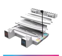 Oniverse Soporte PS5/PS5 Slim - Estación de enfriamiento Ventilador de 3 velocidades, Cargador Dual PS5 Compatible con DualSense, Soporte de Carga de Auriculares y Almacenamiento Accesorio de 14