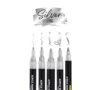 ONLINE Juego de 5 bolígrafos acrílicos plateados, juego de letras a mano con pincel, rotulador de punta fina, rotulador de caligrafía y rotuladores, marcadores acrílicos metálicos para proyectos de