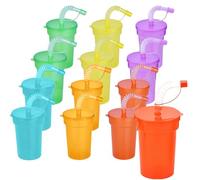 Onlvmyur Juego de 12 Vaso con Tapa y Pajita Reutilizable Tazas con Tapas y Pajitas Vasos de Plastico Vasos Fiestas para Niños y Adultos Café Helado Smoothies Zumos (380ML)