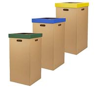 ONLY BOXES, Papelera de Cartón, Papelera con Tapa, Dimensiones 37 x 36 x 70 cm (largoxanchoxalto), Pack de 3 Unidades, Colores Verde, Azul y Amarilla