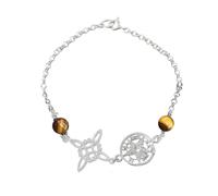 Only faith Pulsera de Plata 925 con Nudo de Bruja y Tetragramatón, Amuleto Triple Protección medalla San Benito o Piedras Naturales, 18 cm Ajustable (Doble Protección con Ojo de Tigre 8 mm)