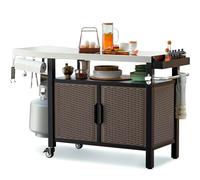 only fire Mesa de carro de comedor móvil de doble puerta, gabinete de almacenamiento multiusos con ruedas y estante lateral para exteriores, isla de cocina de patio