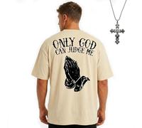 Only God Can Judge Me Graphic Shirt for Men Oversized Streetwear T-Shirt with Praying Hands (Beige,S)
