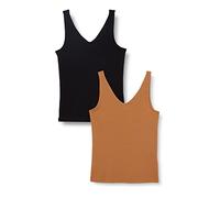 ONLY Onlnulan Rib S/L V-Neck Top CS Jrs 2pack, Negro/Paquete: Coco Tostado, Mujer