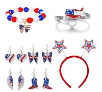 ONLYJUMP Juego de joyas del 4 de julio para mujer, collar único con dije de bandera estadounidense, pulseras, aretes, anillo, broche, diadema, joyería patriótica, regalos conmemorativos del Día de la