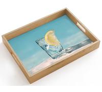 OnlyWow© Bandejas De Madera Rectangular 40x30 cm Bandeja para Servir Roble Decorativa Cafe Resistente A Los Arañazos Tabuleiro Desayuno Vaso - Cubitos Hielo - Limón