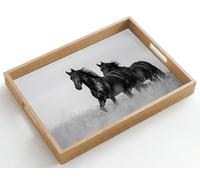 OnlyWow© Bandejas De Madera Rectangular 50x35 cm Bandeja para Servir Roble Decorativa Cafe Resistente A Los Arañazos Tabuleiro Desayuno Caballos - Hierba - Negro - Blanco