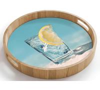OnlyWow© Bandejas De Madera Redonda 40x40 cm Bandeja para Servir Roble Decorativa Resistente A Los Arañazos Tabuleiro Diseño Desayuno Vaso - Cubitos Hielo - Limón