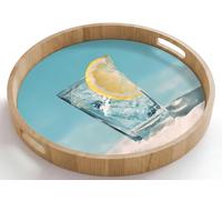 OnlyWow© Bandejas De Madera Redonda 50x50 cm Bandeja para Servir Roble Decorativa Resistente A Los Arañazos Tabuleiro Diseño Desayuno Vaso - Cubitos Hielo - Limón