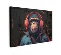 OnlyWow© Cuadro para Jardín Decoration Accesorios Adornos Balcon Póster | 150x100 cm - Decorativa Balcón Cuadros Modernos Lienzos Graffiti - Chimpancé - Auriculares - Mono