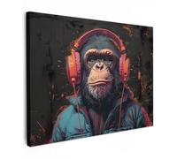 OnlyWow© Cuadro para Jardín Decoration Accesorios Adornos Balcon Póster | 70x50 cm - Decorativa Balcón Cuadros Modernos Lienzos Graffiti - Chimpancé - Auriculares - Mono