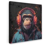OnlyWow© Cuadro para Jardín Decoration Accesorios Adornos Balcon Póster | 90x90 cm - Decorativa Balcón Cuadros Modernos Lienzos Graffiti - Chimpancé - Auriculares - Mono