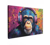 OnlyWow© Lienzo Exterior 150x100 cm Jardin Decoracion Pared En Decoración Poster Posters Decorativos para Terraza Y Jardín con Wall Graffiti - Chimpancé - Arte Callejero - Auriculares - Mono