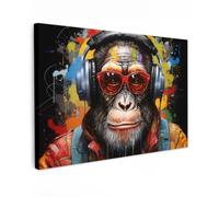 OnlyWow© Lienzo Exterior 150x100 cm Jardin Decoracion Pared En Decoración Poster Posters Decorativos para Terraza Y Jardín con Wall Chimpancé - Mono - Animales - Graffiti - Gafas - Auriculares