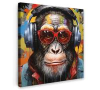 OnlyWow© Lienzo Exterior 60x60 cm Jardin Decoracion Pared En Decoración Poster Posters Decorativos para Terraza Y Jardín con Wall Chimpancé - Mono - Animales - Graffiti - Gafas - Auriculares
