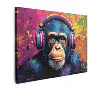 OnlyWow© Lienzo Exterior 80x60 cm Jardin Decoracion Pared En Decoración Poster Posters Decorativos para Terraza Y Jardín con Wall Graffiti - Chimpancé - Arte Callejero - Auriculares - Mono