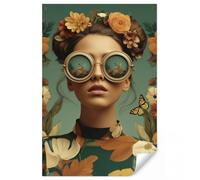 OnlyWow© Papel Pintado De Pared 160x240 cm Papeles Pintados Pour Salon Dormitorio Decorativo Wallpaper Cocina Corona flores - Rostro mujer - Gafas sol - Naranja