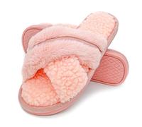 Onmygogo Pantuflas peludas de interior con banda cruzada para mujer, pantuflas de punta abierta con espuma viscoelástica y suela antideslizante suave, Rosa, 7-8.5