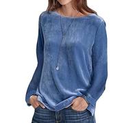 Onsoyours Camisa De Mujer Señoras Moda Otoño E Invierno Blusa De Terciopelo Dorado Camiseta Retro Cuello Redondo Manga Larga Slim Azul XL