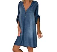 Onsoyours Camisero de Denim para Mujer De Manga Larga Borlas Jeans Vestido Casual con Botones A Armada L