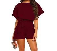 Onsoyours Monos de Vestir Mujer Elegante Manga Corta Talla Grande Mono De Pierna Recta con Traje con Cinturón Mono Largo Vendaje Traje Playsuit Elegante de Fiesta de Noche B Rojo L